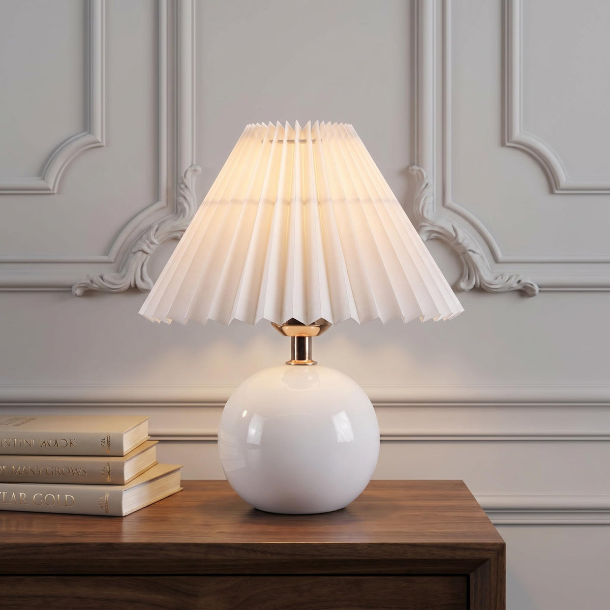 solenttrapshop Ceramic Globe Table Lamp – Walnut Base, Beige Shade