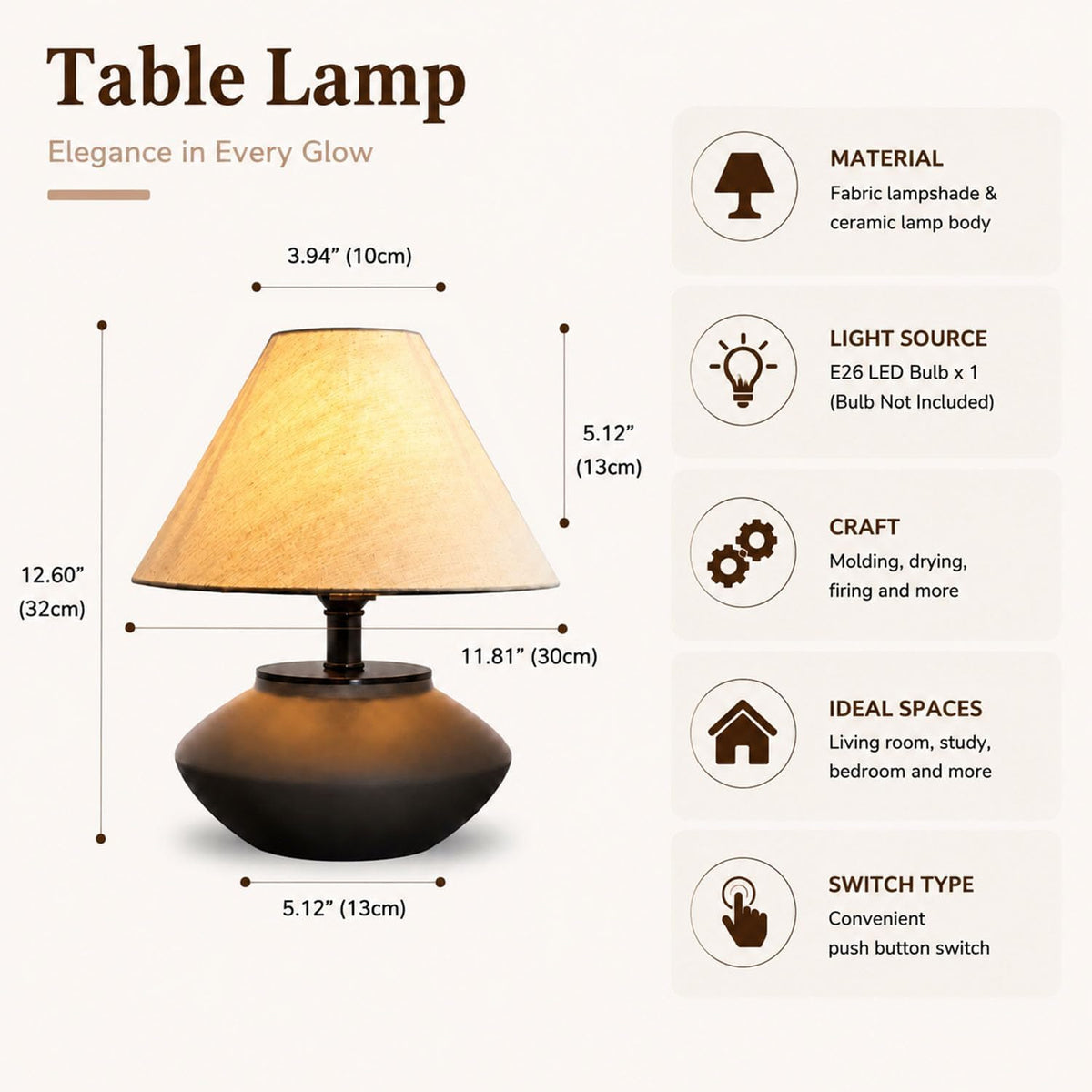 solenttrapshop Farmhouse Ceramic Table Lamp – Black Base, Linen Shade