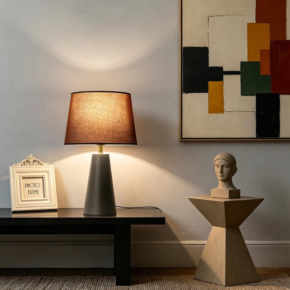 solenttrapshop Modern Bedside Table Lamp – Linen Shade, Black Metal Base