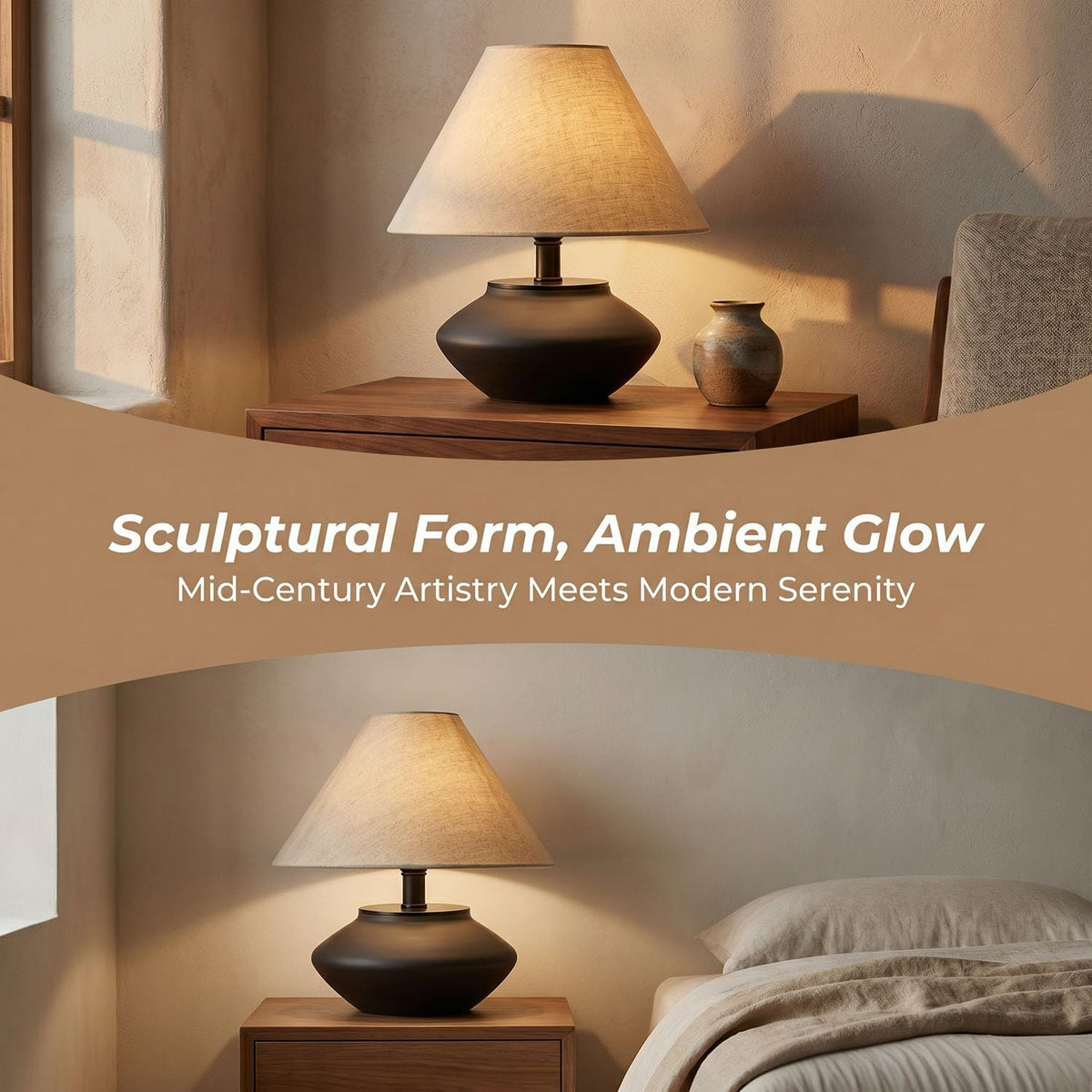 solenttrapshop Farmhouse Ceramic Table Lamp – Black Base, Linen Shade