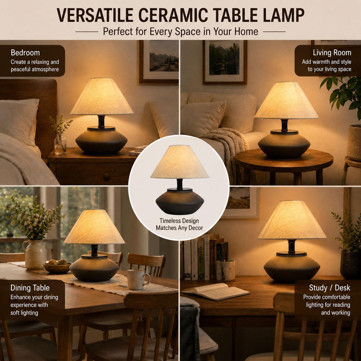 solenttrapshop Farmhouse Ceramic Table Lamp – Black Base, Linen Shade