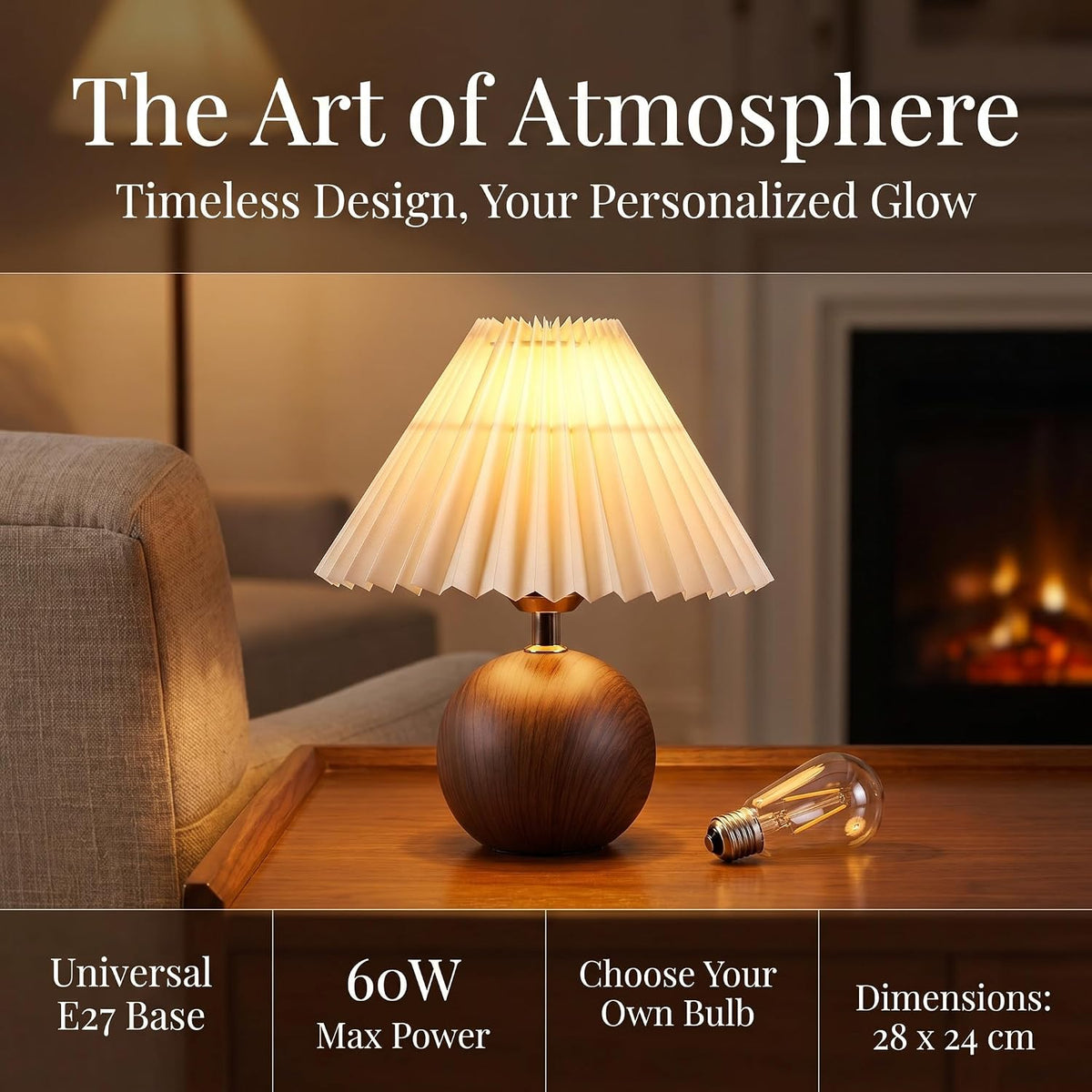 solenttrapshop Ceramic Globe Table Lamp – Walnut Base, Beige Shade