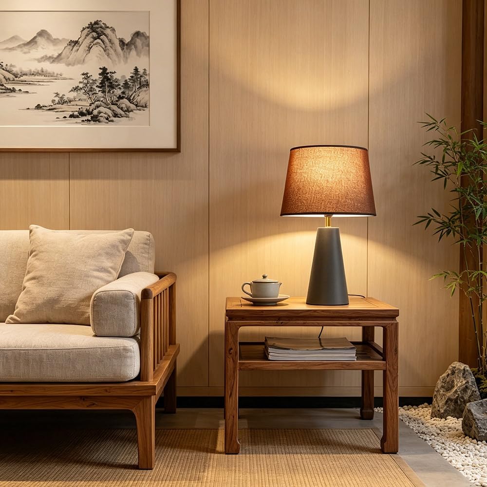 solenttrapshop Modern Bedside Table Lamp – Linen Shade, Black Metal Base