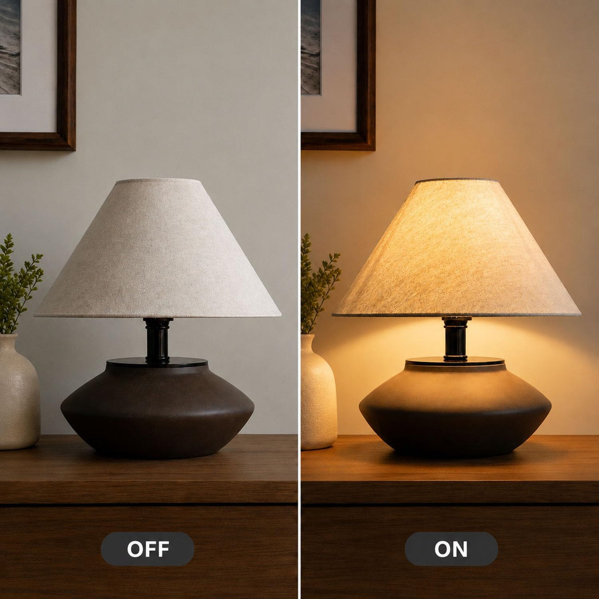 solenttrapshop Farmhouse Ceramic Table Lamp – Black Base, Linen Shade