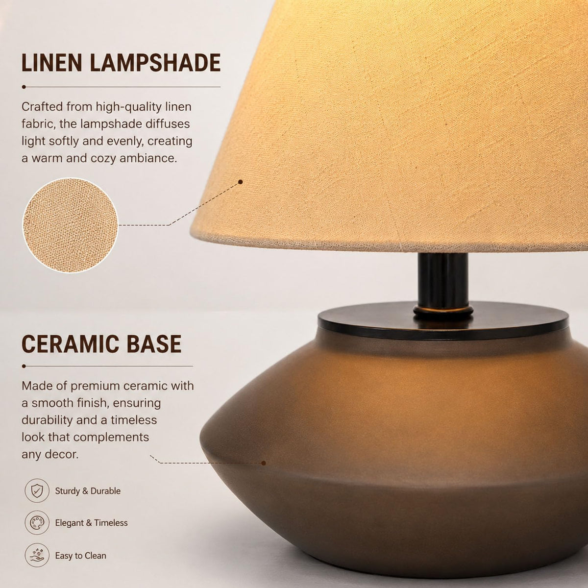 solenttrapshop Farmhouse Ceramic Table Lamp – Black Base, Linen Shade
