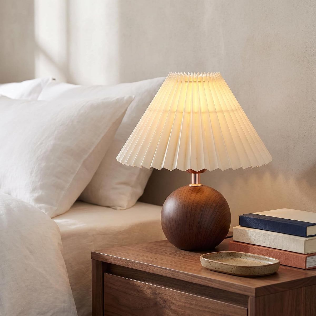 solenttrapshop Ceramic Globe Table Lamp – Walnut Base, Beige Shade