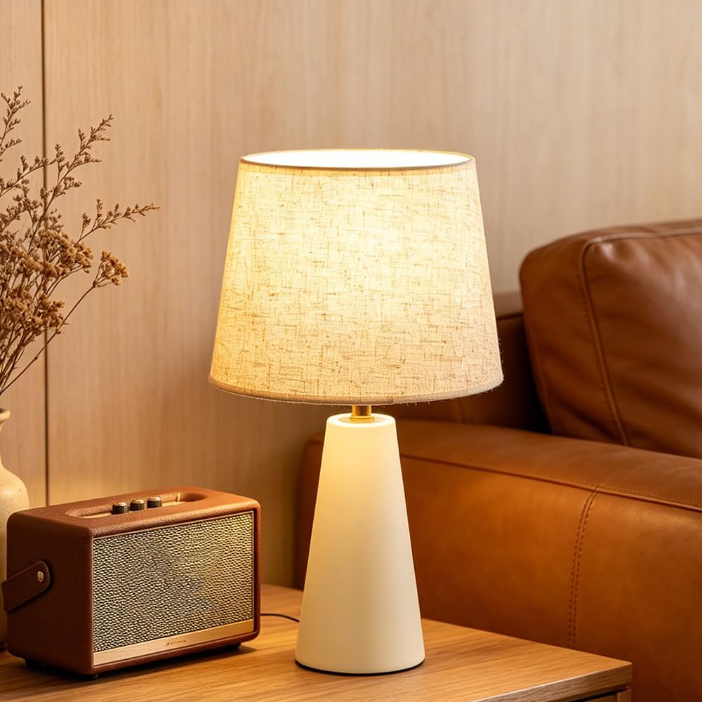 solenttrapshop Modern Bedside Table Lamp – Linen Shade, Black Metal Base
