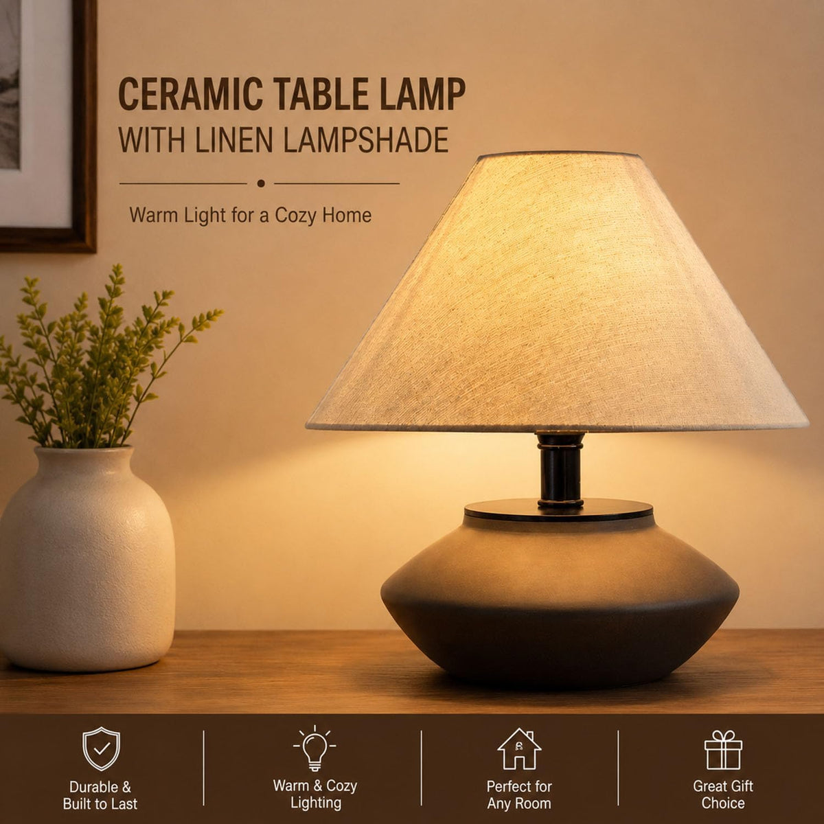 solenttrapshop Farmhouse Ceramic Table Lamp – Black Base, Linen Shade