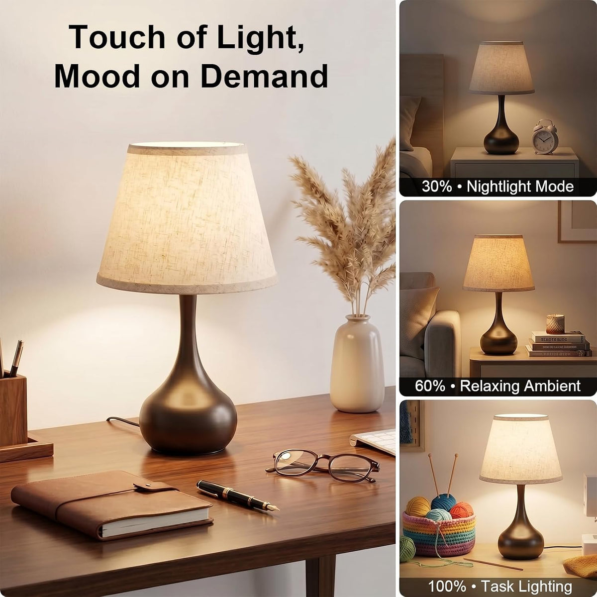 solenttrapshop Touch Bedside Table Lamp – 3-Way Dimmable with Fabric Shade
