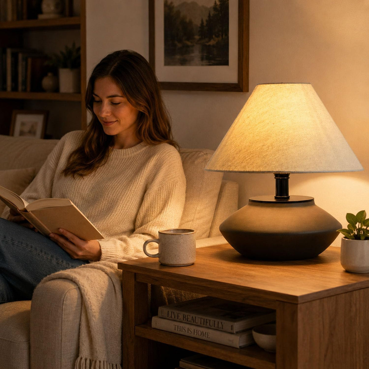 solenttrapshop Farmhouse Ceramic Table Lamp – Black Base, Linen Shade