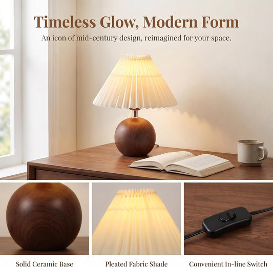 solenttrapshop Ceramic Globe Table Lamp – Walnut Base, Beige Shade